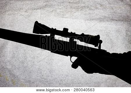 Bolt Action Carbine With An Scope In The Hand Of A Man. Long-range Shotgun, Conceptual Photo. Place 