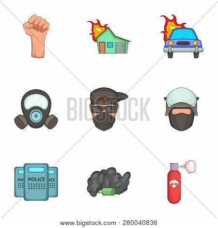 Public Unrest Icons Set. Cartoon Set Of 9 Public Unrest Icons For Web Isolated On White Background