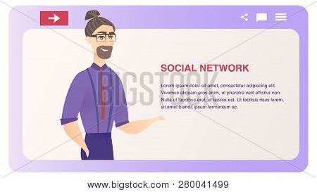 Business Character Mentoe Vector Website Banner. Hipster Creative Man Coach Of Social Network Media 