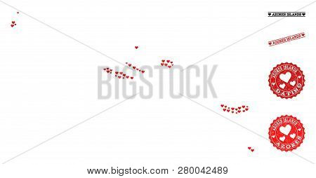 Collage Map Of Azores Islands Composed With Red Love Hearts, And Rubber Watermarks For Valentines Da