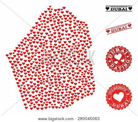 Mosaic Map Of Dubai Emirate Composed With Red Love Hearts, And Grunge Watermarks For Valentines Day.