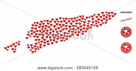 Mosaic Map Of East Timor Created With Red Love Hearts, And Rubber Stamp Seals For Dating. Vector Lov