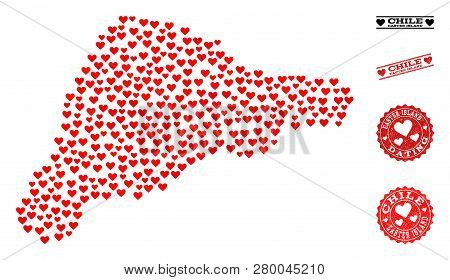 Mosaic Map Of Easter Island Composed With Red Love Hearts, And Rubber Watermarks For Dating. Vector 