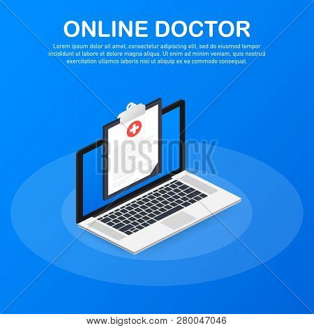 Doctor Online Concept With Character. Can Use For Web Banner, Infographics, Hero Images. Vector Stoc