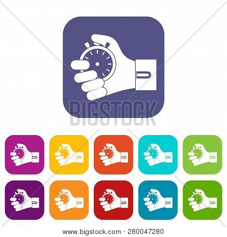 Hand Holding Stopwatch Icons Set Illustration In Flat Style In Colors Red, Blue, Green, And Other