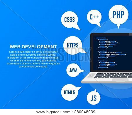 Programming, Web Development Concept. Code On The Screen Laptop. Vector Stock Illustration.