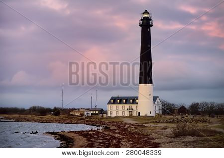 Amazing Dusk View Of Sorve Lighthouse On Island Saaremaa. Most Famous Lighthouse In Estonia.