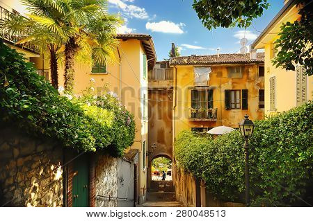 Old Street In Trastevere In Rome, Italy. Narrow Green Street. Tourism And Travel By Italy.