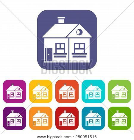 Large Single-storey House Icons Set Illustration In Flat Style In Colors Red, Blue, Green, And Other