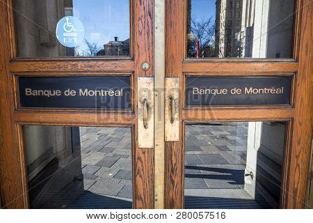 Montreal, Canada - November 4, 2018: Bank Of Montreal Logo, Known As Bmo, On The Doors Of Their Hist