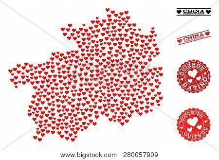 Mosaic Map Of Guizhou Province Composed With Red Love Hearts, And Rubber Watermarks For Dating. Vect
