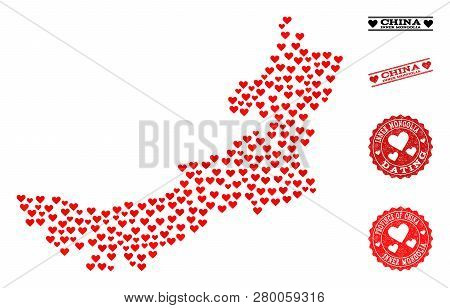 Collage Map Of Inner Mongolia Formed With Red Love Hearts, And Grunge Watermarks For Dating. Vector 