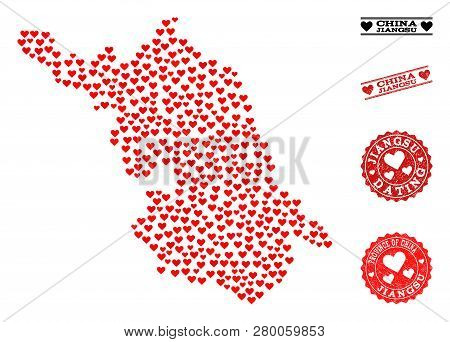 Collage Map Of Jiangsu Province Created With Red Love Hearts, And Grunge Stamp Seals For Dating. Vec