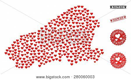 Mosaic Map Of Kahoolawe Island Designed With Red Love Hearts, And Rubber Stamp Seals For Dating. Vec