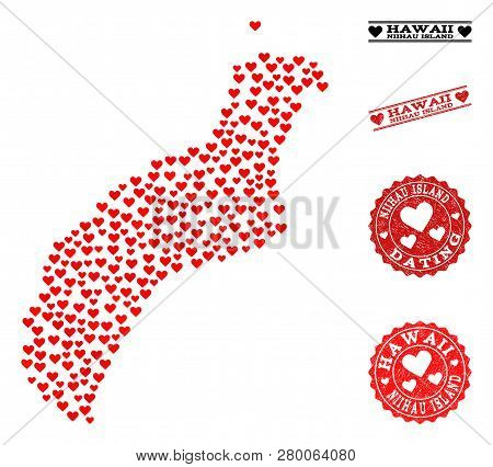 Collage Map Of Niihau Island Created With Red Love Hearts, And Rubber Watermarks For Valentines Day.