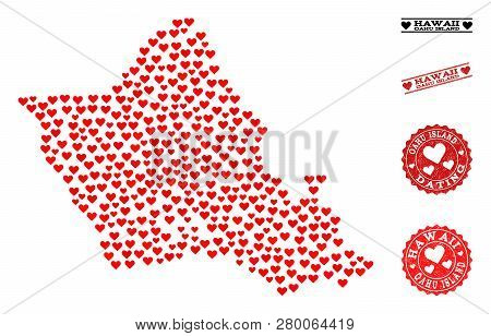 Collage Map Of Oahu Island Composed With Red Love Hearts, And Grunge Stamp Seals For Dating. Vector 