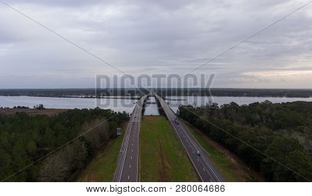Aerial View Of Blackwater River In Milton, Florida At Sunrise