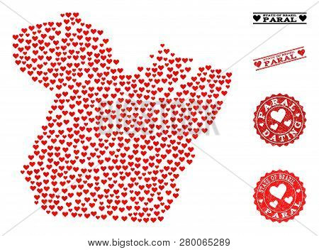 Mosaic Map Of Paral State Composed With Red Love Hearts, And Grunge Watermarks For Valentines Day. V