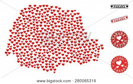 Mosaic Map Of Parana State Designed With Red Love Hearts, And Rubber Stamp Seals For Valentines Day.