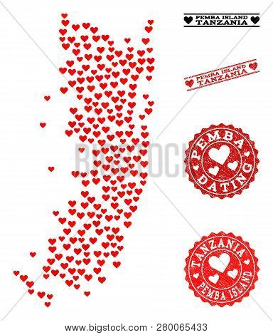 Mosaic Map Of Pemba Island Formed With Red Love Hearts, And Rubber Stamp Seals For Dating. Vector Lo