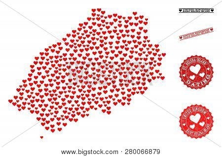 Collage Map Of Saint Helena Island Created With Red Love Hearts, And Rubber Watermarks For Valentine