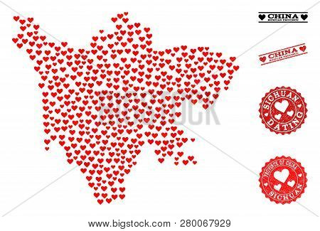 Collage Map Of Sichuan Province Composed With Red Love Hearts, And Rubber Stamp Seals For Valentines