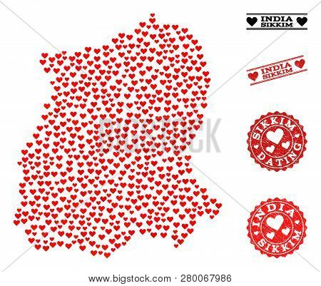 Collage Map Of Sikkim State Created With Red Love Hearts, And Rubber Watermarks For Dating. Vector L