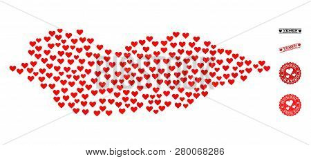 Mosaic Map Of Socotra Island Designed With Red Love Hearts, And Rubber Watermarks For Dating. Vector