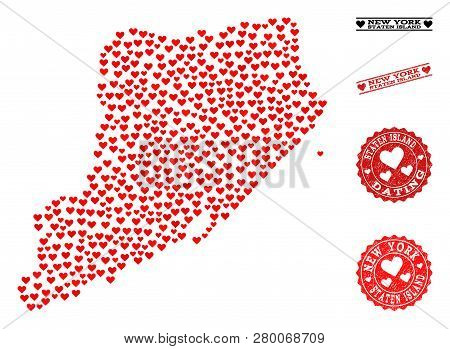 Mosaic Map Of Staten Island Created With Red Love Hearts, And Rubber Stamp Seals For Valentines Day.