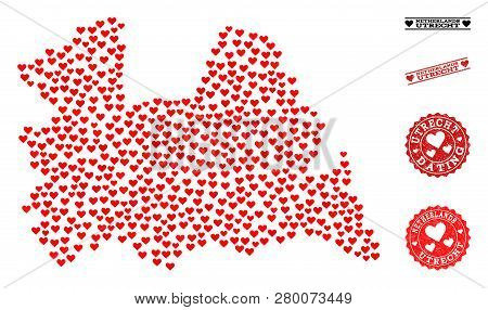 Collage Map Of Utrecht Province Designed With Red Love Hearts, And Rubber Stamp Seals For Dating. Ve