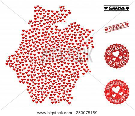 Collage Map Of Zhejiang Province Created With Red Love Hearts, And Rubber Stamp Seals For Valentines