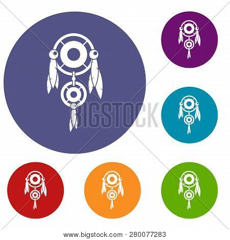 Native American Dreamcatcher Icons Set In Flat Circle Red, Blue And Green Color For Web