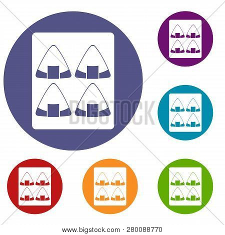 Sushi Icons Set In Flat Circle Red, Blue And Green Color For Web