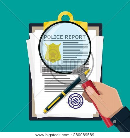 Clipboard With Police Report And Pen. Report Sheet With Gold Police Badge. Legal Fine Document And S