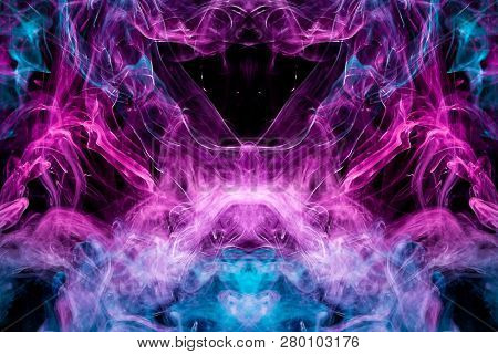 Thick Colorful Smoke Of Blue, Pink And Red  In The Form Of A Skull, Monster, Dragon On A Black Isola