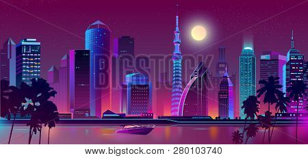 Vector Background With Night City In Neon, Ultraviolet Colors. Bright River With Boat, Ship On Bay A