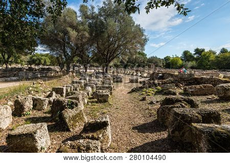 Olympia, Greece - October 31, 2017: Ruins Of Archaeological Site Of Olympia In Peloponnese Greece. I