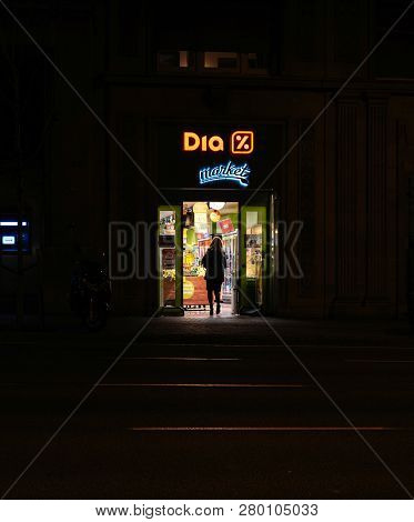 Barcelona, Spain - Nov 11, 2017: Woman Enetering Dia Distribuidora Internacional De Alimentacion Spa