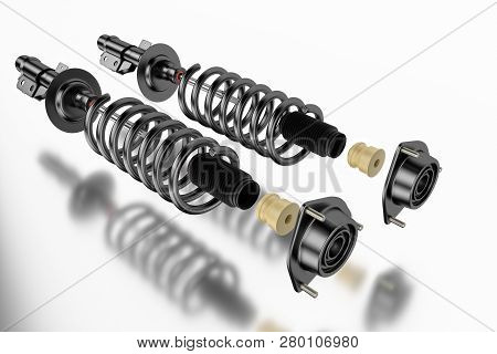 3d Rendering. Passenger Car Shock Absorber With Dust Cap, Buffer Mounting And Strut Mounting - New A