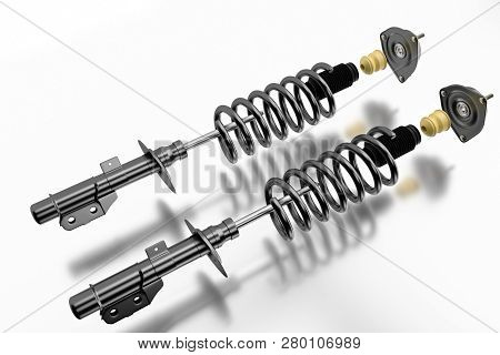 3d Rendering. Passenger Car Shock Absorber With Dust Cap, Buffer Mounting And Strut Mounting - New A