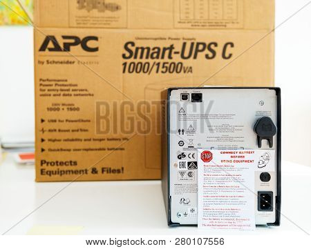Paris, France - Mar 24, 2018: Detail Of Ports On New Apc Smart-ups C 1000va Lcd 230v Enterprise-leve