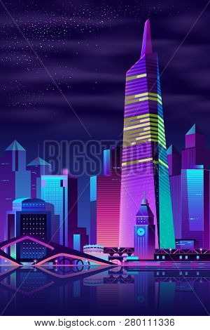 Vector Modern Megapolis On A River At Night. Bright Glowing Tower And Bridge Reflected On The Water 