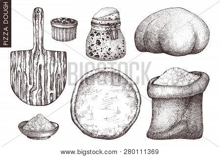 Vector Collection Of Pizza Dough Ingredients. Bakery Or Pizzeria Hand Drawn Elements. Vintage Food D