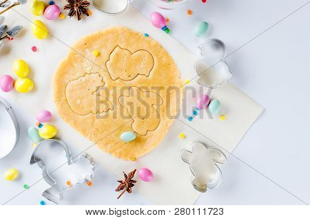 Easter Cooking Background, Dough And Indredients, Cuts For Cookies And Colored Sugar Décor For Bakin