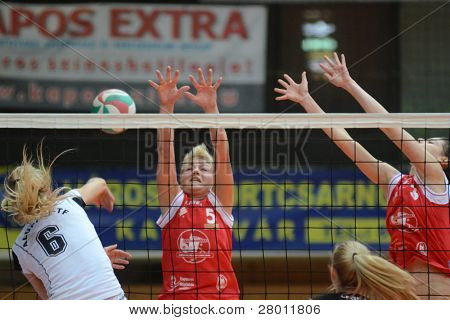 KAPOSVAR, 헝가리-11 월 25 일: Zsofia Horvath (레드 5) 헝가리 선수권 voll에서 행동