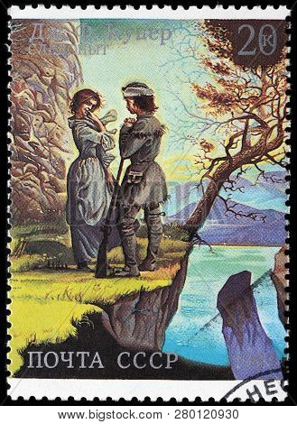 Luga, Russia - June 6, 2018: A Stamp Printed By Russia (ussr) Shows Scene From James Fenimore Cooper