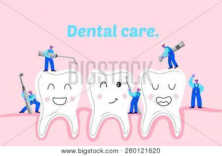 Small Men Treat, Clean Big Teeth Dental Insturment. Dentistry Work Concept. Dental Care