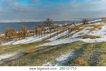 Winter Panoramic Landscape With Kakhovka Reservoir Located On The Dnipro River Near Skelki Village, 