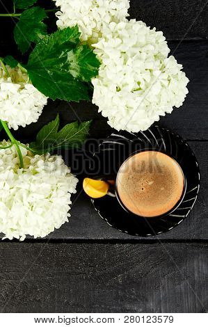 Cup Of Coffee With Bouquet Hydrangea Good Morning. Flat
