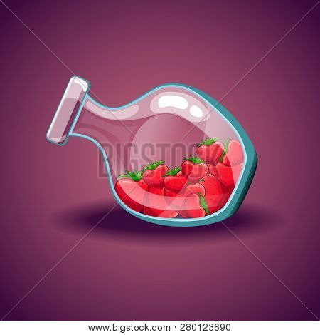 Glass Bottle With Cute Cartoon Mature Strawberries